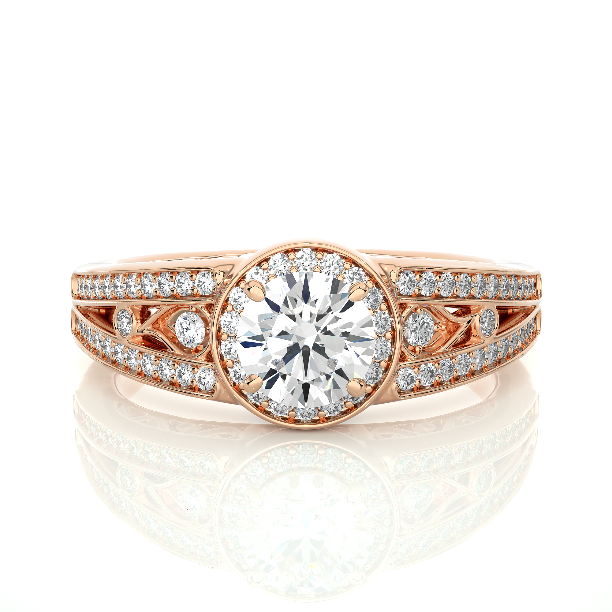 14K White Yellow Rose Gold 0.95 Carat Round Halo With Double Shank and Accent Diamond Ring