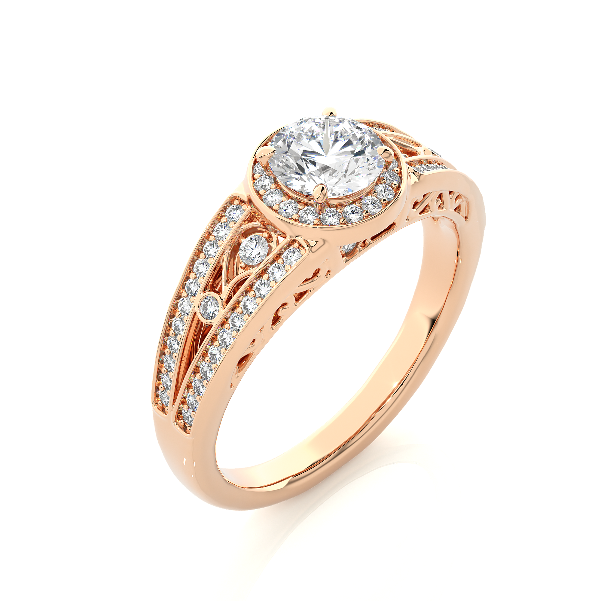 14K White Yellow Rose Gold 0.95 Carat Round Halo With Double Shank and Accent Diamond Ring