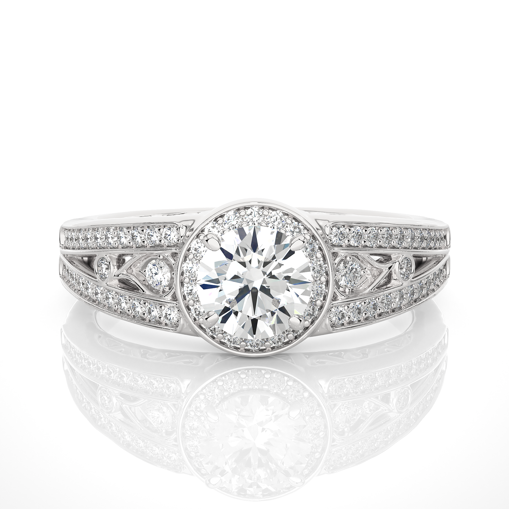 14K White Yellow Rose Gold 0.95 Carat Round Halo With Double Shank and Accent Diamond Ring