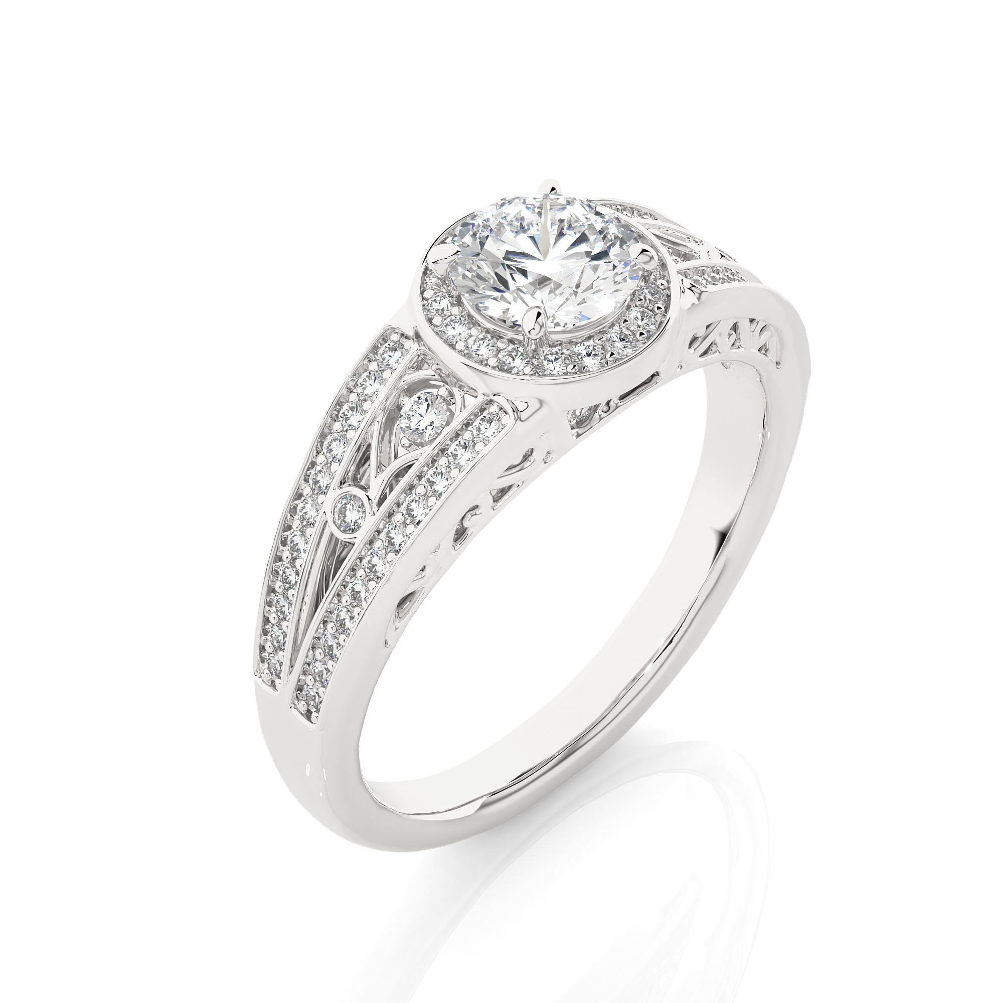 14K White Yellow Rose Gold 0.95 Carat Round Halo With Double Shank and Accent Diamond Ring