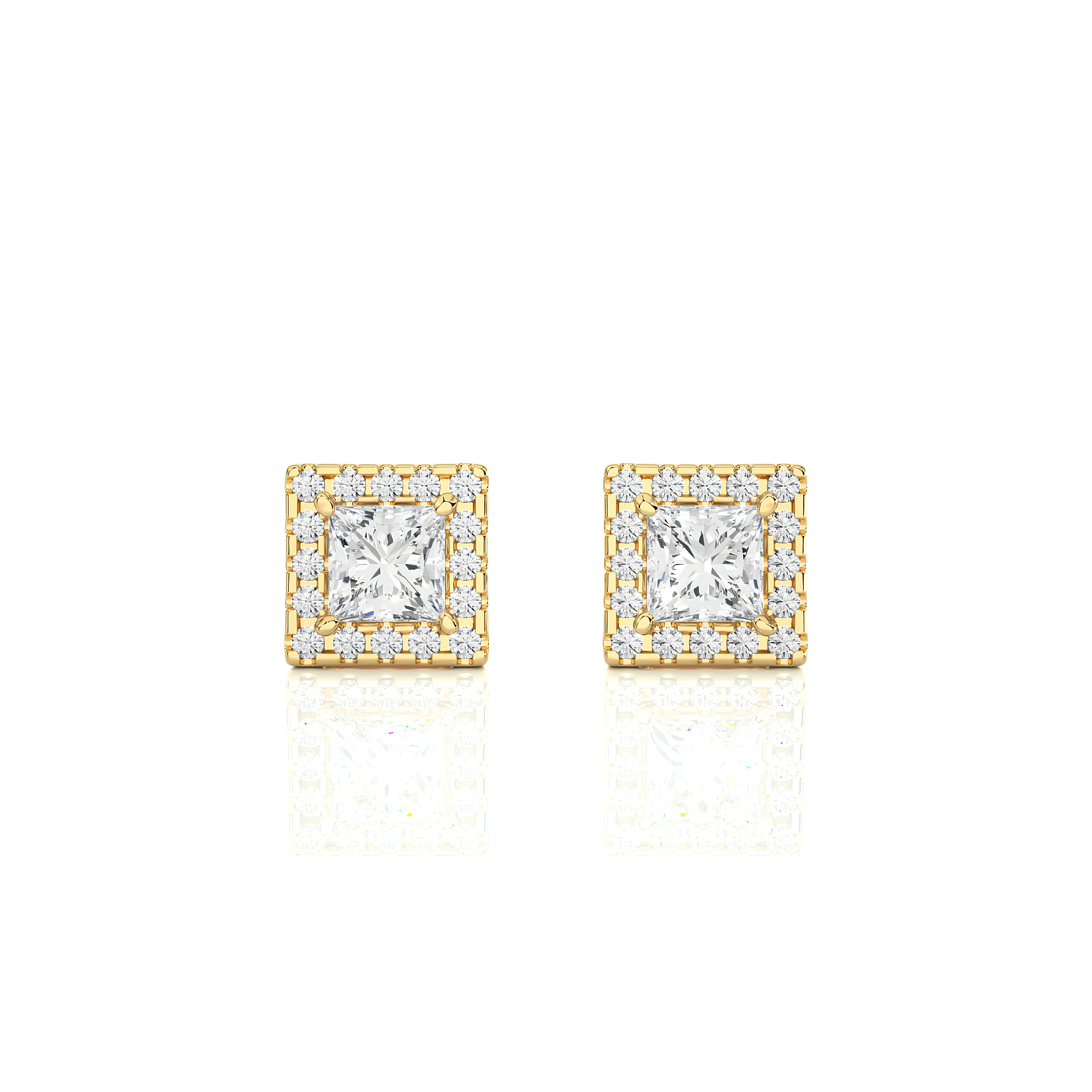 14KT Yellow Gold 2.46 Carat Princess and Round Halo Earrings