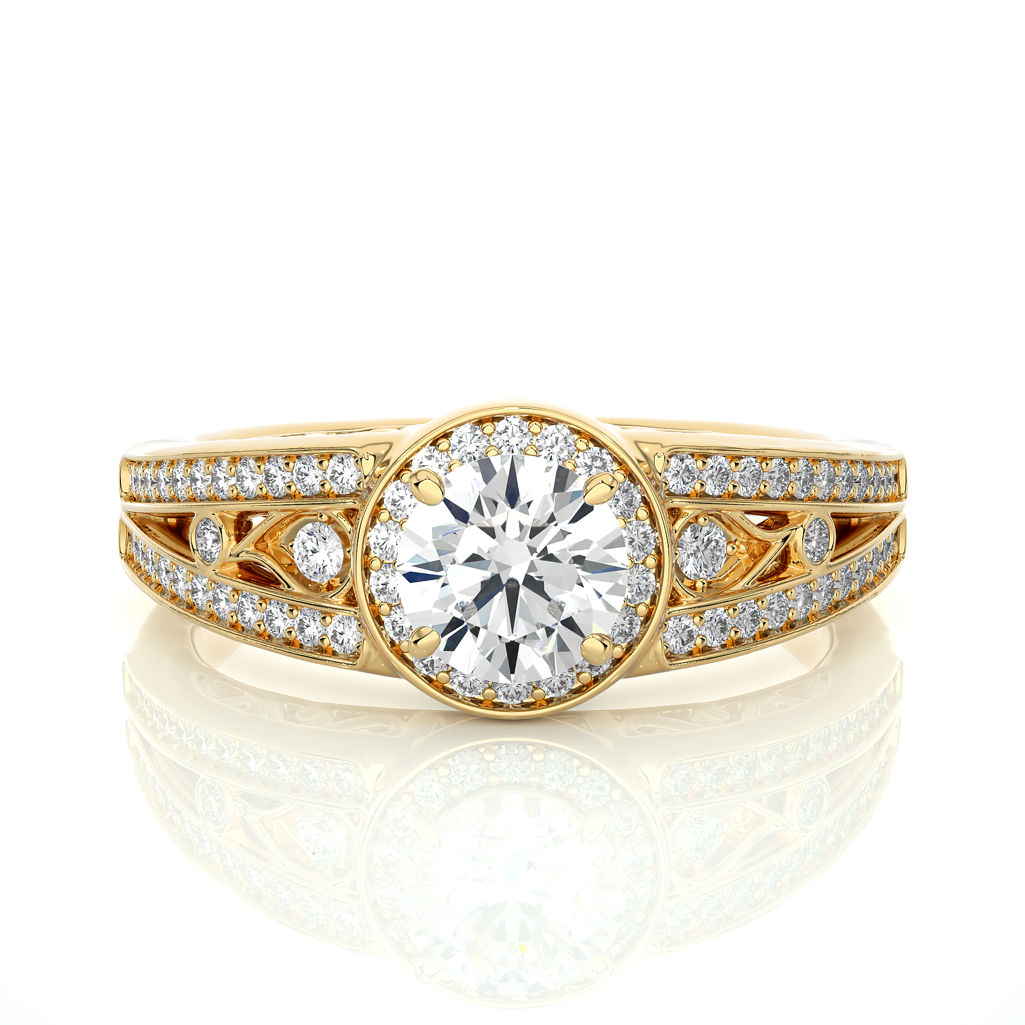 14K White Yellow Rose Gold 0.95 Carat Round Halo With Double Shank and Accent Diamond Ring