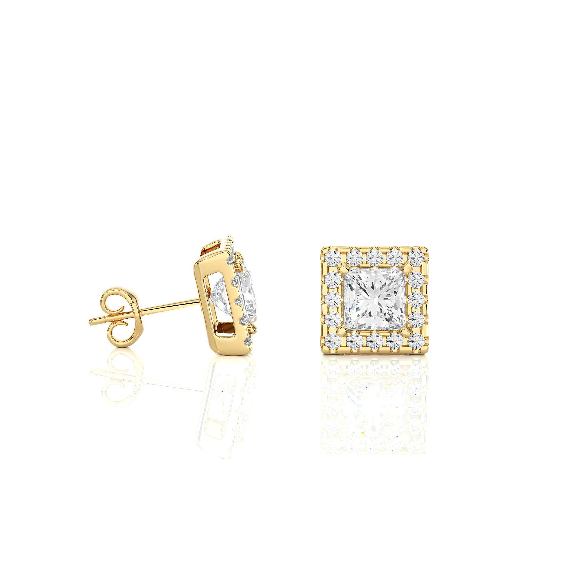 14KT Yellow Gold 2.46 Carat Princess and Round Halo Earrings