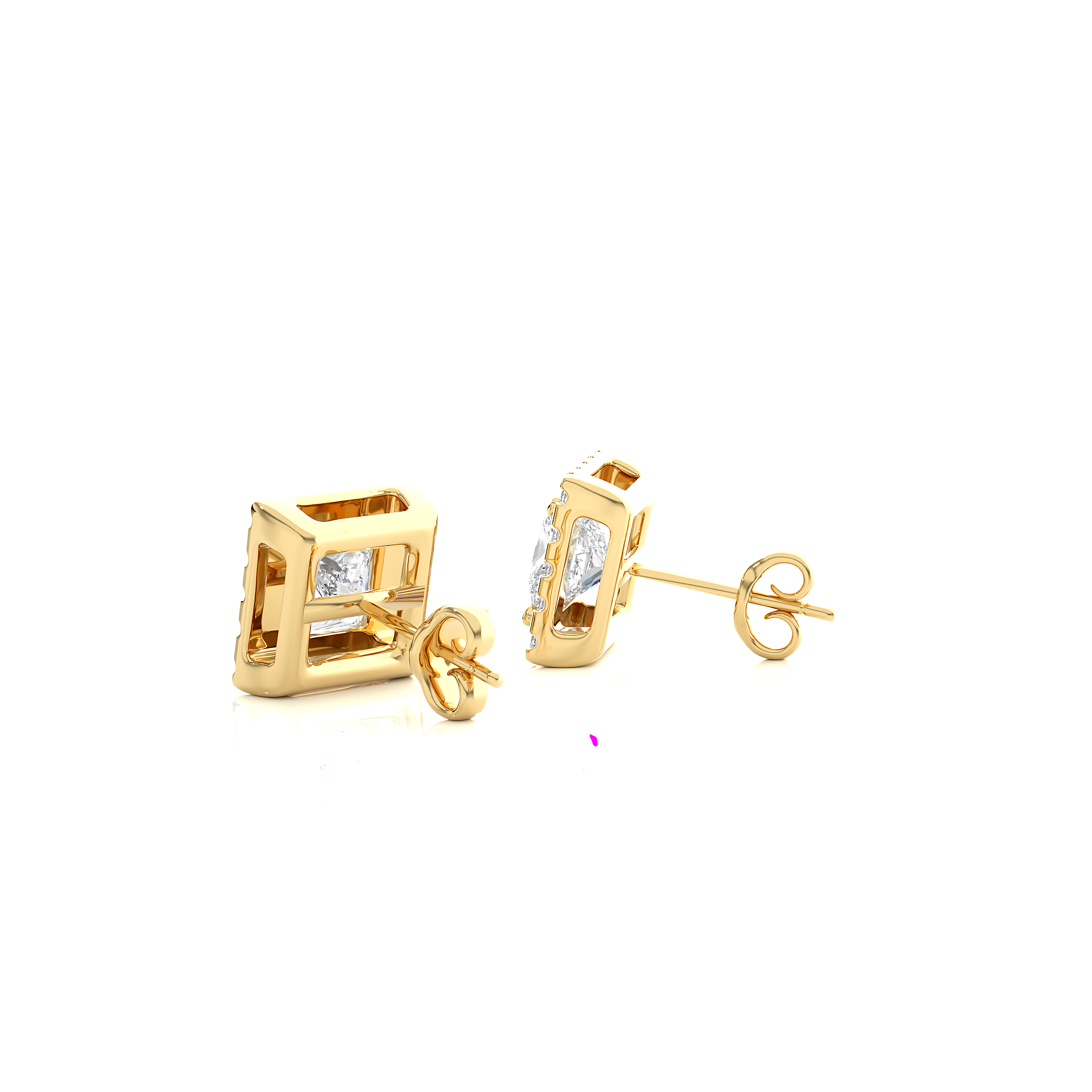 14KT Yellow Gold 2.46 Carat Princess and Round Halo Earrings