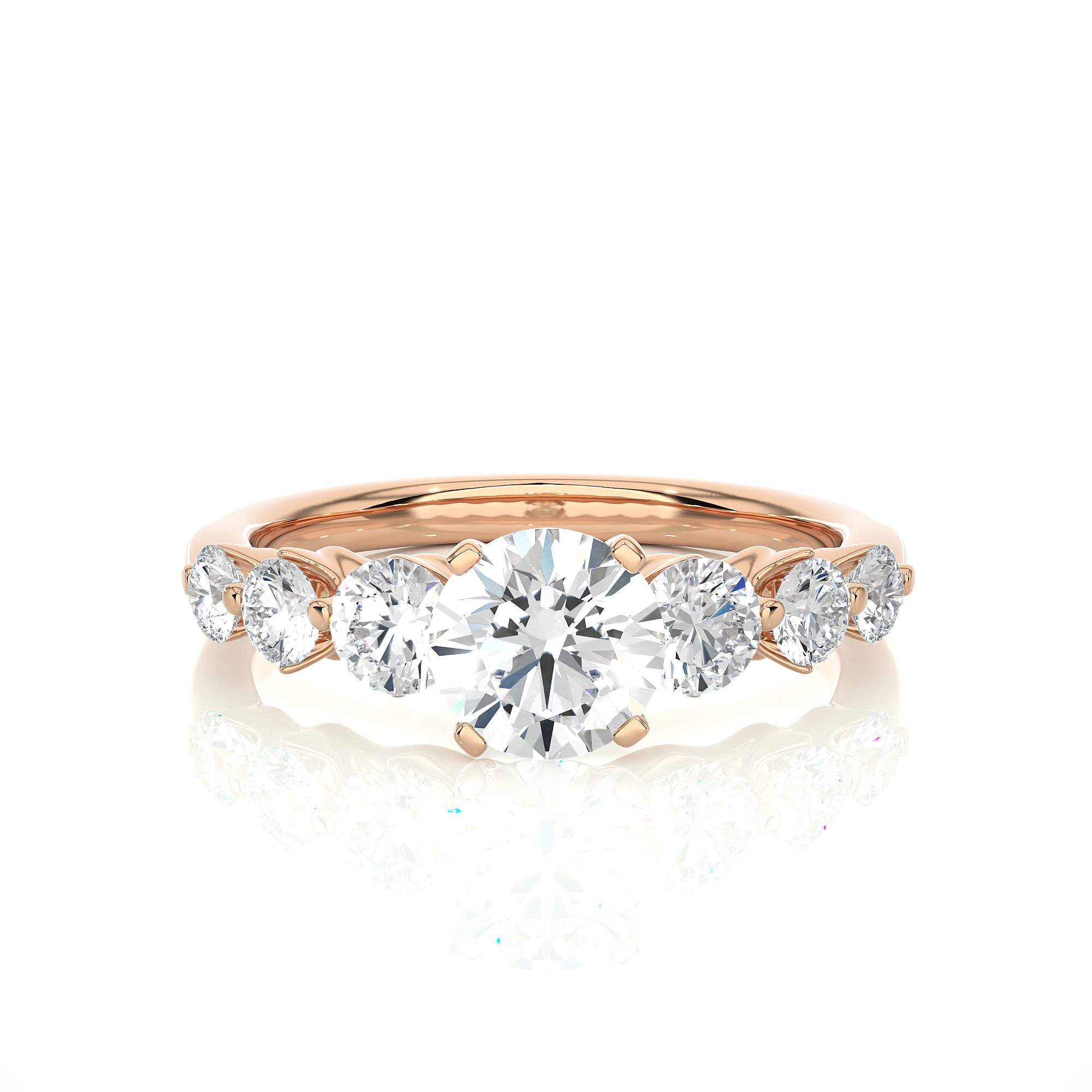 14K White Yellow Rose Gold Seven Stone Diamond Ring with 4-Prong Center Setting
